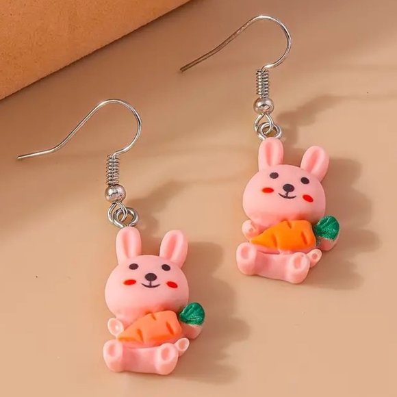 Earrings Rabbit Easter Bunny Carrot Dangle Fun Festive Cute Pink Holiday Trendy - Picture 2 of 3